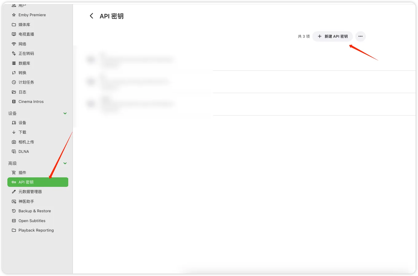 在 Emby 的「API 密钥」页新建密钥