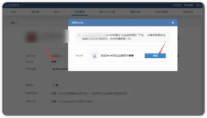 点击 Secret 的「查看」，发送到企业微信中查看